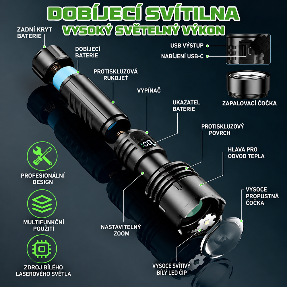 BVJ® Supervýkonná ultimátní taktická survival svítilna · PRODÁNO 2M+ KUSŮ · 80× jasnější · Výdrž až 120 h · Vojenská technologie COB LED