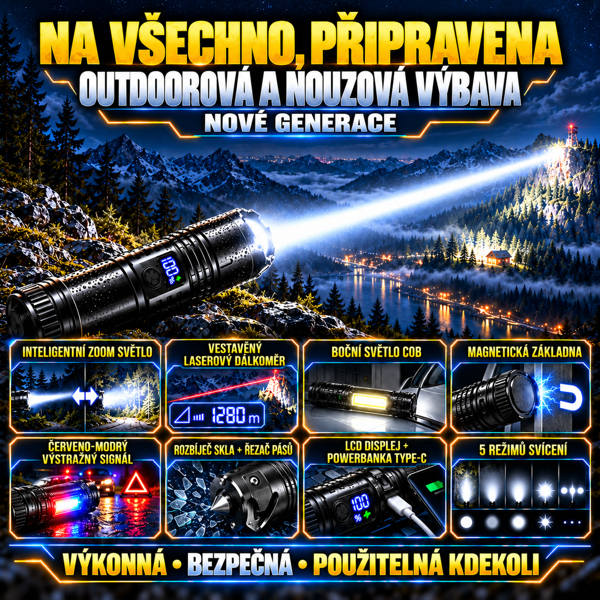 BVJ® Supervýkonná ultimátní taktická survival svítilna · PRODÁNO 2M+ KUSŮ · 80× jasnější · Výdrž až 120 h · Vojenská technologie COB LED