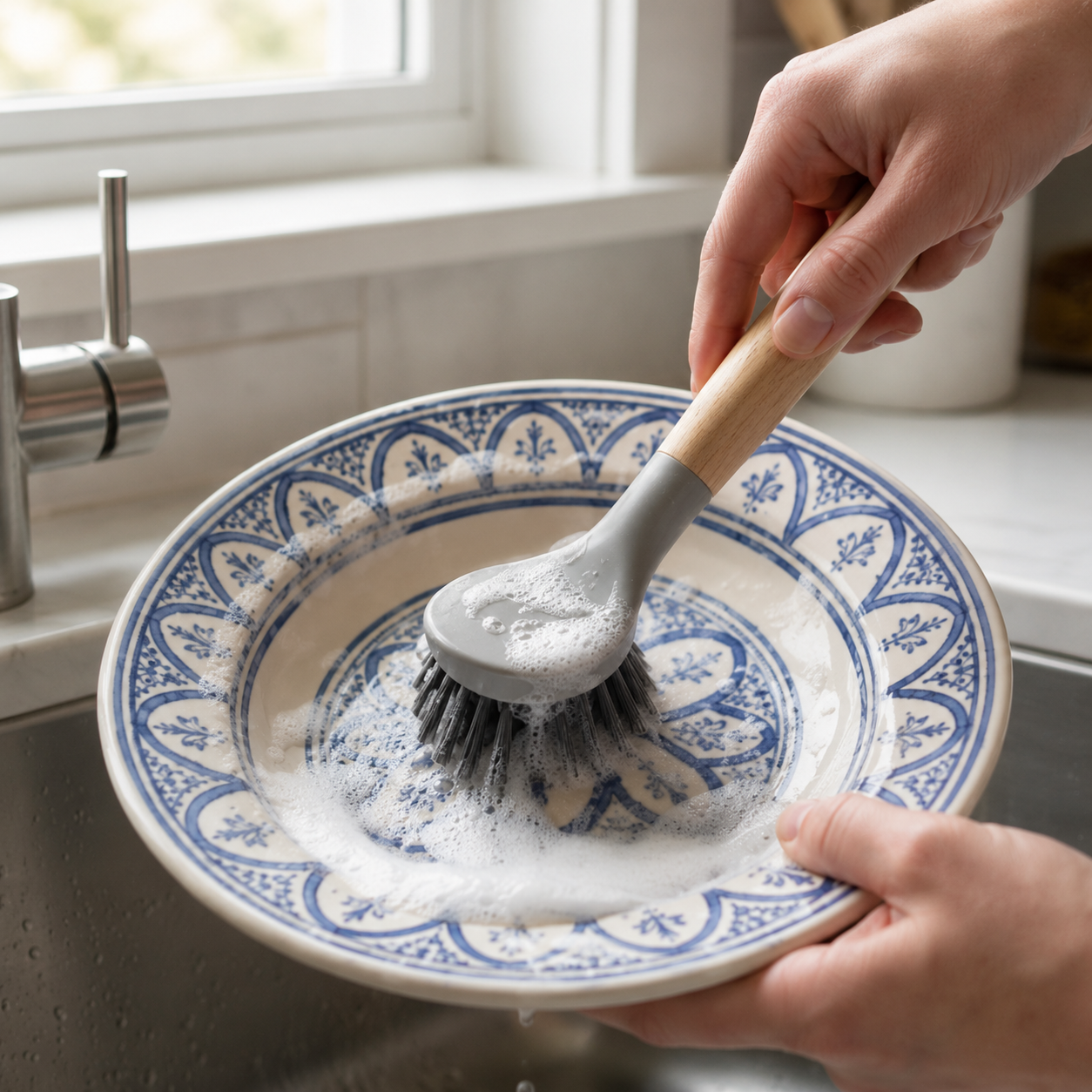 Wooden-handled scrubbing brush