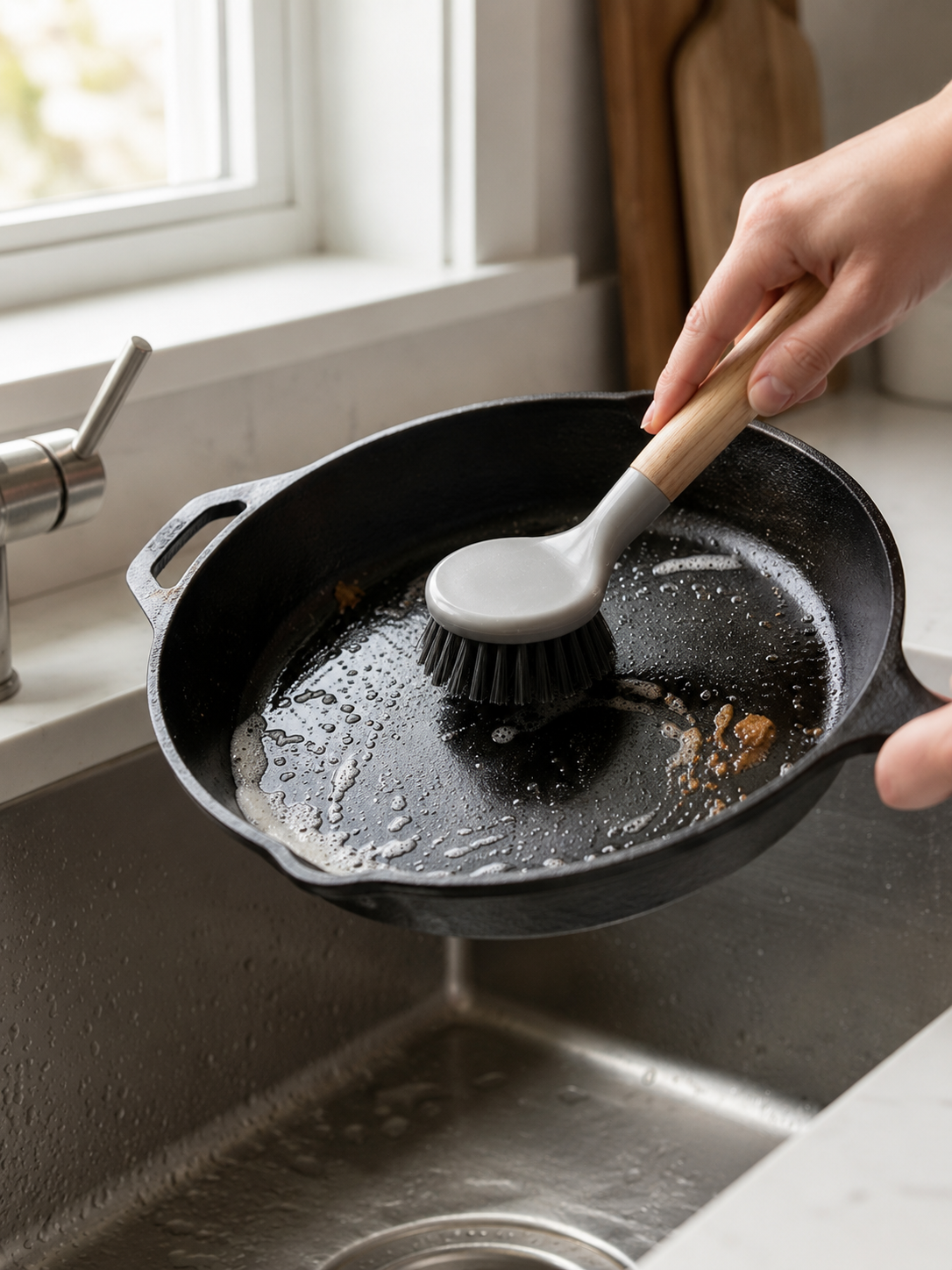 Wooden-handled scrubbing brush